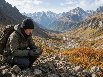 Geologe bei der Untersuchung von Gesteinsproben in einer abgelegenen Berglandschaft. - Foto: über boerse-global.de