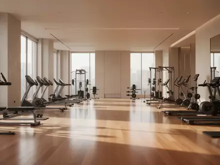 Ein minimalistisch gestalteter, lichtdurchfluteter Fitnessraum mit hochwertigem Holzboden und geordneter Trainingsausstattung. - Foto: über boerse-global.de