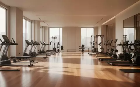 Ein minimalistisch gestalteter, lichtdurchfluteter Fitnessraum mit hochwertigem Holzboden und geordneter Trainingsausstattung. - Foto: über boerse-global.de