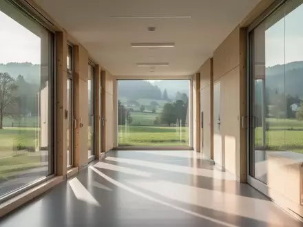 Ein heller, moderner Schulflur mit Holzelementen und großen Fenstern, die einen Blick auf eine grüne Landschaft freigeben. - Foto: über boerse-global.de