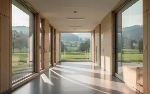 Ein heller, moderner Schulflur mit Holzelementen und großen Fenstern, die einen Blick auf eine grüne Landschaft freigeben. - Foto: über boerse-global.de