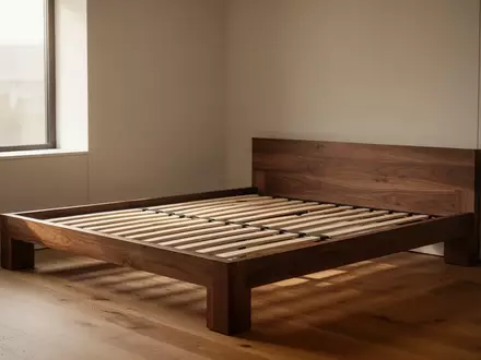 Ein minimalistisches Schlafzimmer mit einem hölzernen Bettgestell und Lattenrost in natürlichem Licht. - Foto: über boerse-global.de