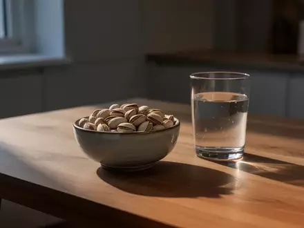 Eine Schale mit Pistazien und ein Glas Wasser auf einem Holztisch in einer ruhigen, minimalistischen Küche bei Dämmerung. - Foto: über boerse-global.de