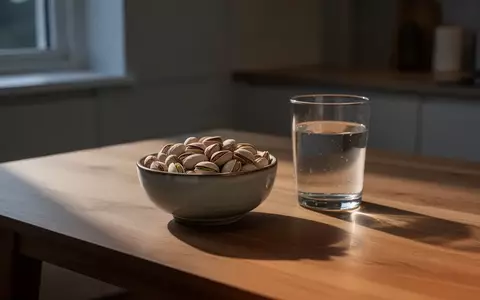 Eine Schale mit Pistazien und ein Glas Wasser auf einem Holztisch in einer ruhigen, minimalistischen Küche bei Dämmerung. - Foto: über boerse-global.de