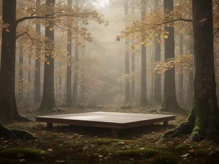 Eine ruhige, herbstliche Waldlandschaft mit einer leeren Holzplattform und sanftem, durch die Blätter fallendem Licht. - Foto: über boerse-global.de