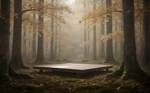Eine ruhige, herbstliche Waldlandschaft mit einer leeren Holzplattform und sanftem, durch die Blätter fallendem Licht. - Foto: über boerse-global.de