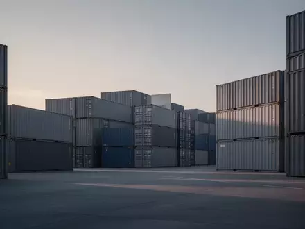 Ein moderner Containerhafen in der Abenddämmerung mit gestapelten Containern und geometrischen Strukturen. - Foto: über boerse-global.de