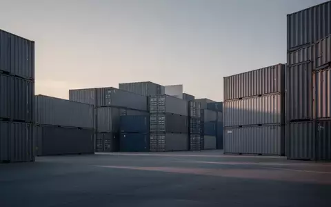 Ein moderner Containerhafen in der Abenddämmerung mit gestapelten Containern und geometrischen Strukturen. - Foto: über boerse-global.de