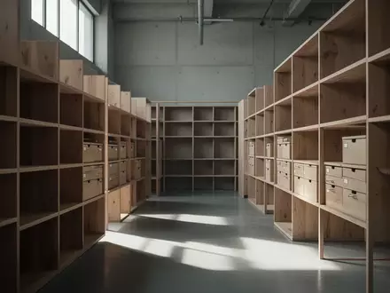 Ein minimalistisches Archiv mit leeren Holzregalen in hellem, natürlichem Tageslicht. - Foto: über boerse-global.de
