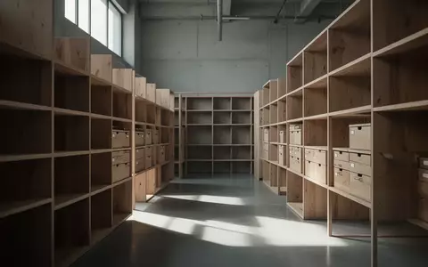 Ein minimalistisches Archiv mit leeren Holzregalen in hellem, natürlichem Tageslicht. - Foto: über boerse-global.de