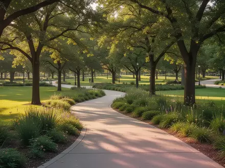 Ein sonniger, begrünter Parkweg in einer öffentlichen Grünanlage ohne Personen. - Foto: über boerse-global.de