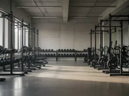 Ein leerer, minimalistischer Fitnessraum mit Hantelablagen in natürlichem Licht. - Foto: über boerse-global.de