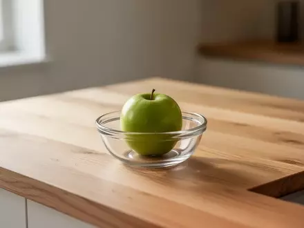 Ein einzelner grüner Apfel in einer leeren Glasschale auf einer minimalistischen hölzernen Küchenoberfläche bei Tageslicht. - Foto: über boerse-global.de