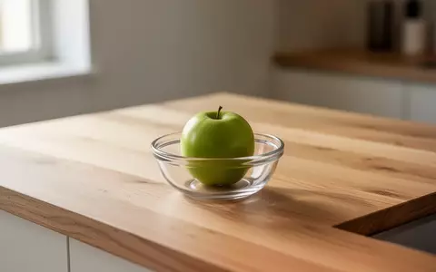Ein einzelner grüner Apfel in einer leeren Glasschale auf einer minimalistischen hölzernen Küchenoberfläche bei Tageslicht. - Foto: über boerse-global.de