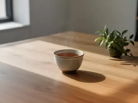 Ein minimalistischer, sonnendurchfluteter Arbeitsplatz mit einer Teetasse und einer kleinen Pflanze als Symbol für Entspannung. - Foto: über boerse-global.de