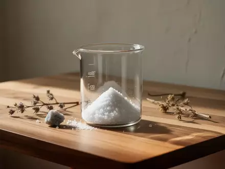 Ein minimalistisches Arrangement aus mineralischem Pulver und botanischen Elementen auf einem Holztisch bei natürlichem Licht. - Foto: über boerse-global.de