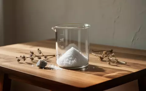 Ein minimalistisches Arrangement aus mineralischem Pulver und botanischen Elementen auf einem Holztisch bei natĂĽrlichem Licht. - Foto: ĂĽber boerse-global.de