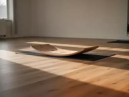 Ein minimalistisches Trainingsstudio mit einem hölzernen Balance-Board auf einer Matte in hellem, natürlichem Licht. - Foto: über boerse-global.de