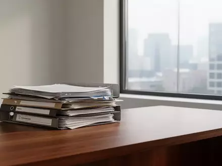 Ein minimalistischer Schreibtisch mit Aktenordnern vor einem Fenster mit Blick auf eine Stadt, symbolisch für Bürokratie. - Foto: über boerse-global.de