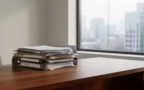 Ein minimalistischer Schreibtisch mit Aktenordnern vor einem Fenster mit Blick auf eine Stadt, symbolisch für Bürokratie. - Foto: über boerse-global.de