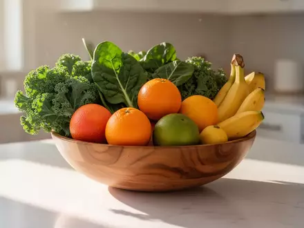 Eine Auswahl an frischem Obst und Gemüse in einer Holzschale auf einer Küchentheke bei natürlichem Licht. - Foto: über boerse-global.de