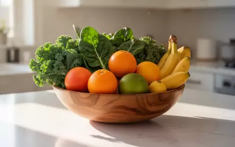 Eine Auswahl an frischem Obst und Gemüse in einer Holzschale auf einer Küchentheke bei natürlichem Licht. - Foto: über boerse-global.de
