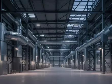 Ein weites, modernes Industriegebäude mit metallischen Lüftungsschächten und Stahlträgern in gedimmtem Licht. - Foto: über boerse-global.de