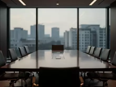 Ein minimalistischer, leerer Konferenzraum mit dunklem Mobiliar und Blick auf eine verschwommene Stadtlandschaft. - Foto: über boerse-global.de