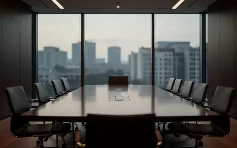 Ein minimalistischer, leerer Konferenzraum mit dunklem Mobiliar und Blick auf eine verschwommene Stadtlandschaft. - Foto: über boerse-global.de