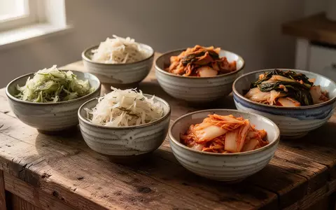 Traditionelle Keramikschalen mit fermentiertem Gemüse auf einem rustikalen Holztisch bei natürlichem Licht. - Foto: über boerse-global.de
