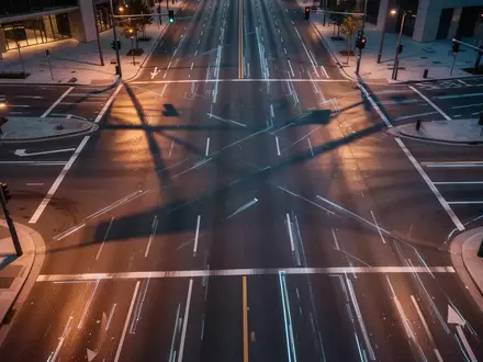 Eine leere, modern gestaltete Straßenkreuzung bei Dämmerung mit klaren Fahrbahnmarkierungen und atmosphärischer Beleuchtung. - Foto: über boerse-global.de