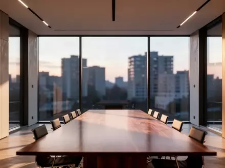 Ein minimalistischer, leerer Konferenzraum mit bodentiefen Fenstern und Blick auf eine Stadt bei Dämmerung. - Foto: über boerse-global.de