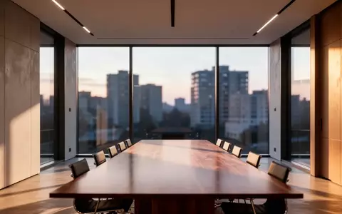 Ein minimalistischer, leerer Konferenzraum mit bodentiefen Fenstern und Blick auf eine Stadt bei Dämmerung. - Foto: über boerse-global.de