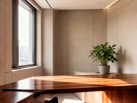 Minimalistischer, moderner Arbeitsbereich mit hellem Tageslicht und schlichten Oberflächen in einem ruhigen Raum. - Foto: über boerse-global.de