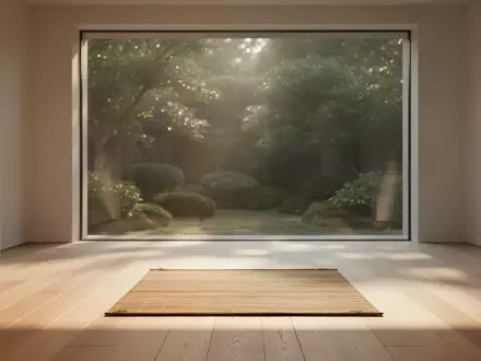Ein minimalistischer, lichtdurchfluteter Raum mit einer leeren Bambusmatte und Blick in einen ruhigen Garten. - Foto: über boerse-global.de