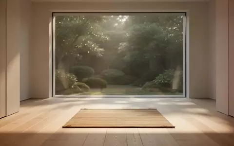 Ein minimalistischer, lichtdurchfluteter Raum mit einer leeren Bambusmatte und Blick in einen ruhigen Garten. - Foto: über boerse-global.de