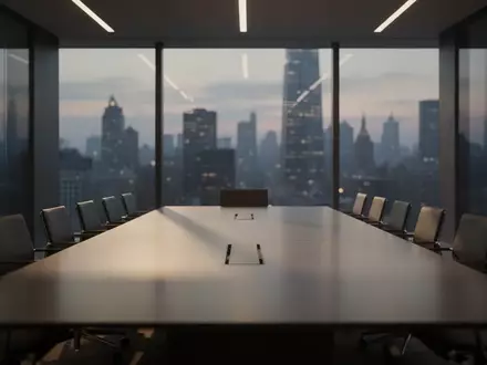 Ein leerer, modern eingerichteter Konferenzraum in einem Hochhaus bei Dämmerung, der die Atmosphäre unternehmerischer Verantwortung und Aufsicht vermittelt. - Foto: über boerse-global.de