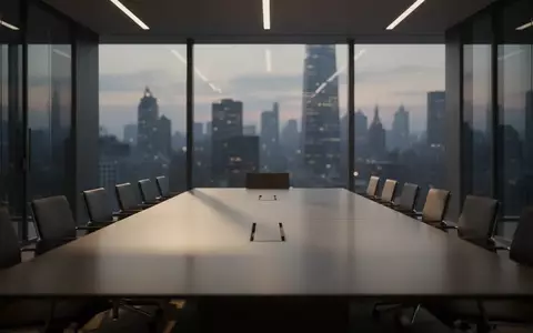 Ein leerer, modern eingerichteter Konferenzraum in einem Hochhaus bei Dämmerung, der die Atmosphäre unternehmerischer Verantwortung und Aufsicht vermittelt. - Foto: über boerse-global.de