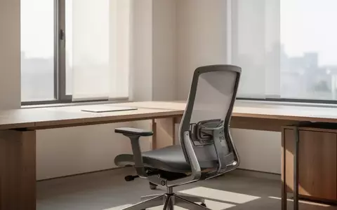 Ein heller, minimalistischer Arbeitsplatz mit einem leeren ergonomischen Bürostuhl und einem Schreibtisch bei Tageslicht. - Foto: über boerse-global.de