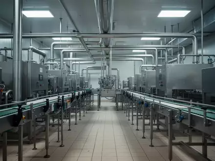Industrielle Lebensmittelverarbeitungsanlage mit Edelstahlmaschinen in einer sterilen Umgebung. - Foto: über boerse-global.de