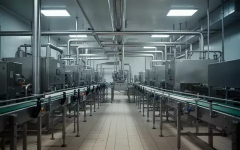 Industrielle Lebensmittelverarbeitungsanlage mit Edelstahlmaschinen in einer sterilen Umgebung. - Foto: über boerse-global.de