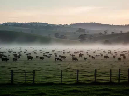 Weite, neblige Weidelandschaft bei Sonnenaufgang mit einem Holzzaun im Vordergrund. - Foto: über boerse-global.de