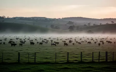 Weite, neblige Weidelandschaft bei Sonnenaufgang mit einem Holzzaun im Vordergrund. - Foto: über boerse-global.de