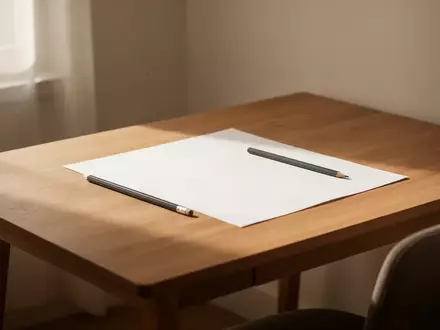 Ein minimalistischer Schreibtisch mit Papier und einem Bleistift in einer ruhigen, sonnendurchfluteten Umgebung. - Foto: über boerse-global.de