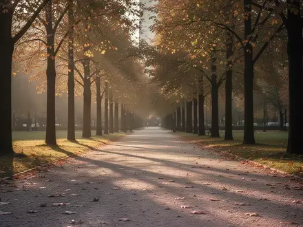 Ein ruhiger, von Bäumen gesäumter Kiesweg in einem Stadtpark während der goldenen Stunde mit weichem Licht und Schattenwurf. - Foto: über boerse-global.de