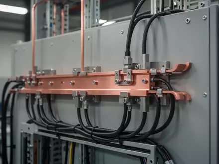Industrielle Umgebung mit Kupfer-Sammelschienen und elektrischer Verkabelung für Hochspannungstechnik. - Foto: über boerse-global.de