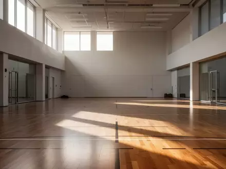 Ein minimalistischer, leerer Sportraum mit poliertem Holzboden und einfallendem Tageslicht. - Foto: über boerse-global.de