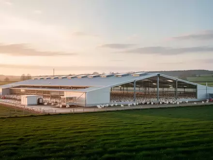 Ein moderner, nachhaltiger Geflügelhof in einer weiten, grünen Agrarlandschaft bei Sonnenaufgang. - Foto: über boerse-global.de