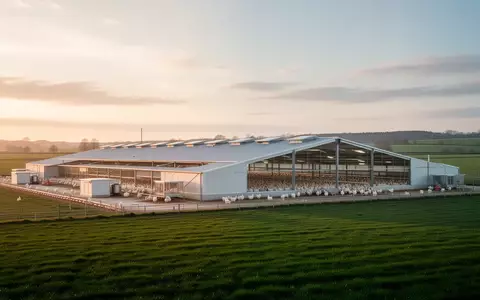 Ein moderner, nachhaltiger Geflügelhof in einer weiten, grünen Agrarlandschaft bei Sonnenaufgang. - Foto: über boerse-global.de