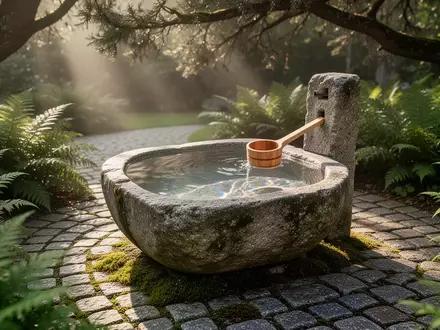 Ein steinernes Wasserbecken in einem ruhigen Kurpark mit einer hölzernen Schöpfkelle und üppigem Farnbewuchs. - Foto: über boerse-global.de